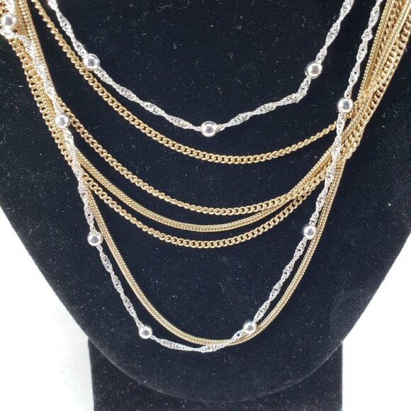 Multi-Strand Gold & Silver Dual-Tone Necklace with Matching Gold Stud Earrings - Picture 7 of 10